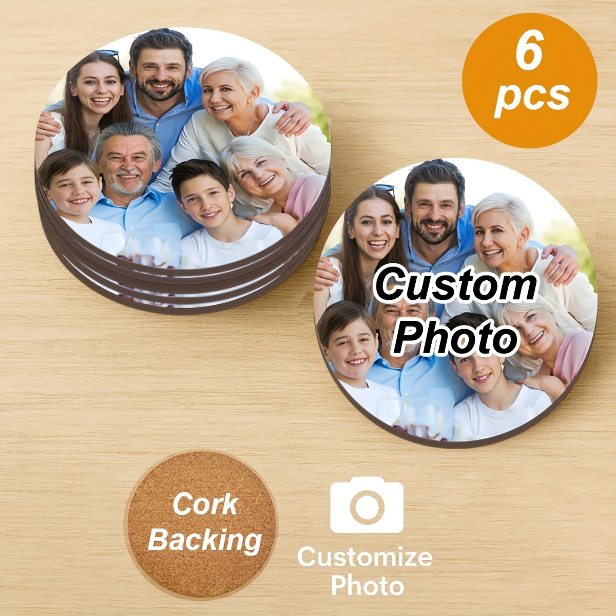 6pcs Custom Round Wooden Coasters with Photo Patterns